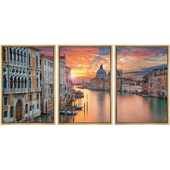 wall26 - 3 Piece Framed Canvas Wall Art - Venice. Image of Grand Canal in Venice, with Santa Maria Della Salute Basilica - Modern Home Art Stretched and Framed Ready to Hang - 24"x36"x3 Nat