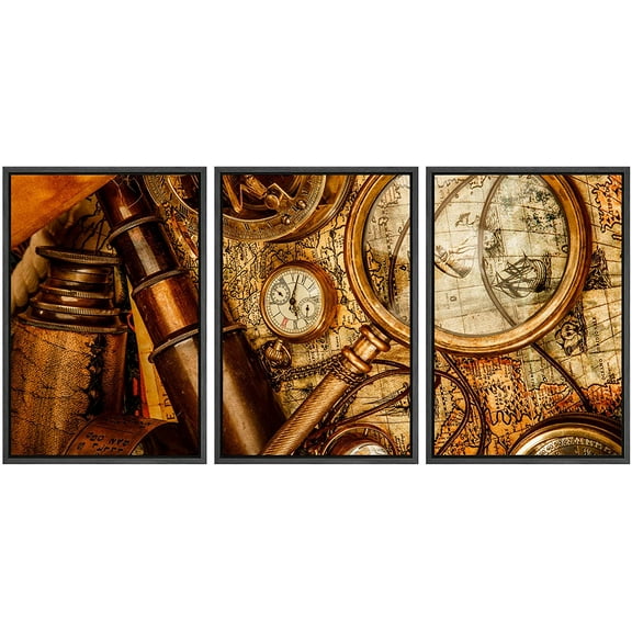 wall26 - 3 Piece Framed Canvas Wall Art - Vintage Grunge Still Life. Vintage Items on Ancient Map in 1565. - Modern Home Art Stretched and Framed Ready to Hang - 16"x24"x3 BLACK