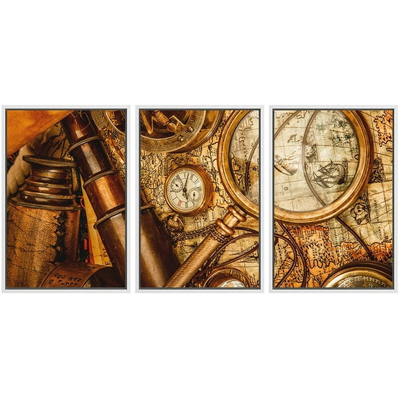 wall26 - 3 Piece Framed Canvas Wall Art - Vintage Grunge Still Life. Vintage Items on Ancient Map in 1565. - Modern Home Art Stretched and Framed Ready to Hang - 24"x36"x3 WHITE