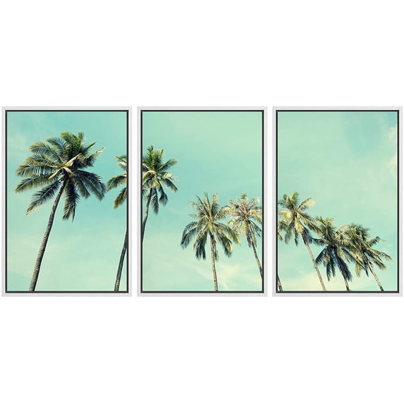 wall26 - 3 Piece Framed Canvas Wall Art - Vintage Nature Photo of Coconut Palm Trees in Seaside - Modern Home Art Stretched and Framed Ready to Hang - 24"x36"x3 White
