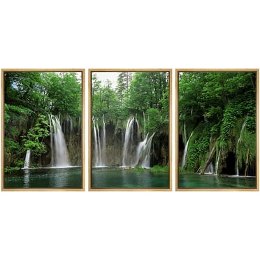 wall26 - 3 Piece Framed Canvas Wall Art - Waterfall in Plitvice National Park, Croatia - Modern Home Art Stretched and Framed Ready to Hang - 16&quot;x24&quot;x3 NATURAL