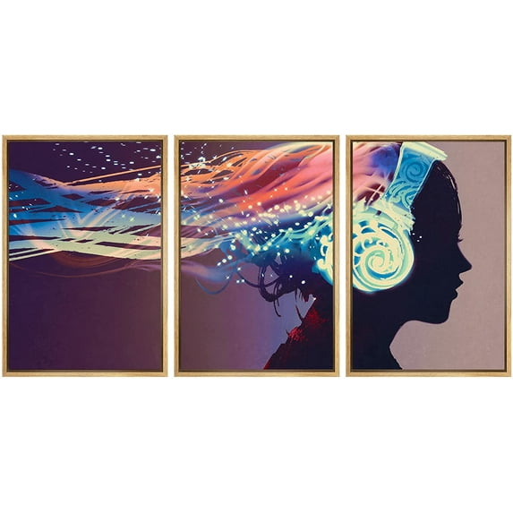 wall26 - 3 Piece Framed Canvas Wall Art - Woman with Magic Glowing Headphones on Dark Background,Illustration Painting - Modern Home Art Stretched and Framed Ready to Hang - 24"x36"x3 NATUR
