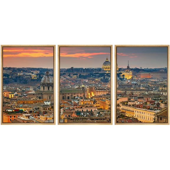 wall26 - 3 Piece Framed Canvas Wall Art - Wonderful View of Rome at Sunset Time with St Peter Cathedral - Modern Home Art Stretched and Framed Ready to Hang - 16"x24"x3 Natural