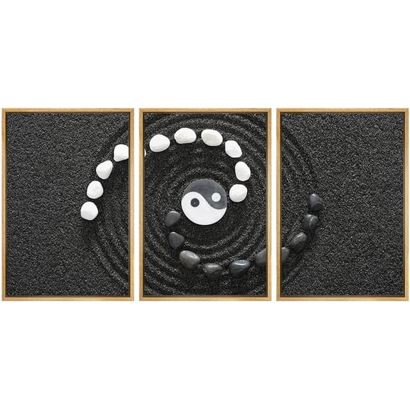 wall26 - 3 Piece Framed Canvas Wall Art - Zen Stones with Yin and Yang - Modern Home Art Stretched and Framed Ready to Hang - 24"x36"x3 Natural