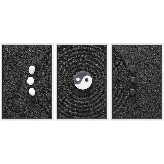 wall26 - 3 Piece Framed Canvas Wall Art - Zen Stones with Yin and Yang - Modern Home Art Stretched and Framed Ready to Hang - 24"x36"x3 White
