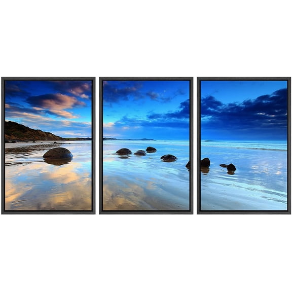 wall26 - 3 Piece Framed Canvass Wall Art - Beautiful Morning Reflection at Moeraki Boulders, South Island of New Zealand - Modern Home Art Stretched and Framed Ready to Hang - 16"x24"x3 Bla