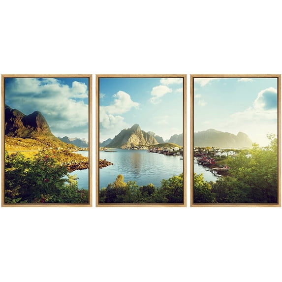 wall26 - 3 Piece Framed Canvass Wall Art - Reine Village, Lofoten Islands, Norway - Modern Home Art Stretched and Framed Ready to Hang - 24"x36"x3 Natural