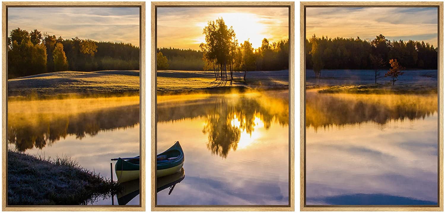 wall26 - 3 Piece Framed Canvass Wall Art - Sunrise Over The Lake with a ...