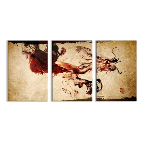 wall26 - 3 Plane Canvas Wall Art - Chinese Traditional Dragon Ink Painting Office Poster - Modern Home Art Stretched and Framed Ready to Hang - 16"x24" x 3 Panels