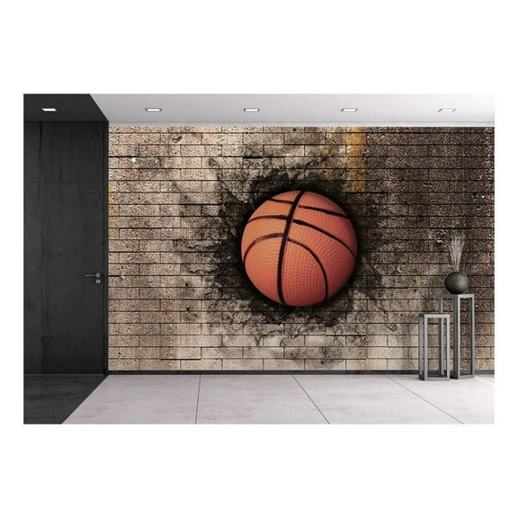 wall26-3D Rendering of a Basket Ball Embedded in a Brick Wall - Removable Wall Mural | Self-Adhesive Large Wallpaper - 100x144 inches