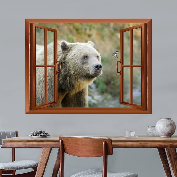 wall26 - A Bear and a Butterfly Outside of an Open Window | Removable Wall Sticker/Wall Mural - 36"x48"