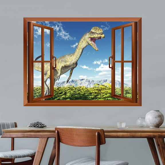 wall26 - A Dinosaur Outside of an Open Window | Removable Wall Sticker/Wall Mural - 36"x48"