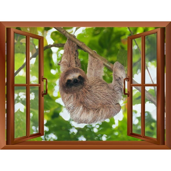 wall26 - A Sloth Hanging on a Tree Branch Outside of an Open Window | Removable Wall Sticker/Wall Mural - 24"x32"