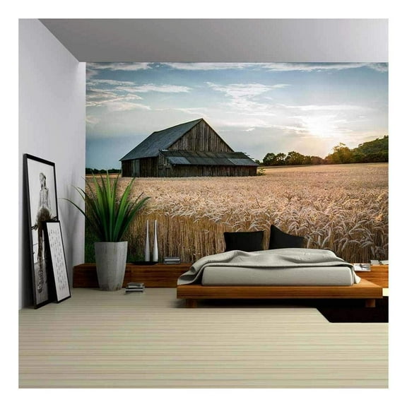 wall26 - Abandoned Shack in The Field at Sunset - Removable Wall Mural | Self-Adhesive Large Wallpaper - 66x96 inches
