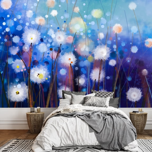wall26 - Abstract Oil Painting White Flowers Field in Soft Color. Oil Paintings White Dandelion Flower in The Meadows - Removable Wall Mural | Self-Adhesive Large Wallpaper - 66x96 inches