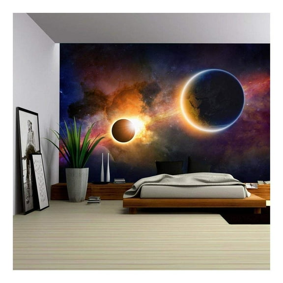 wall26 - Abstract Scientific Background - Glowing Planet Earth in Space, Solar Eclipse, Nebula and Stars - Removable Wall Mural | Self-Adhesive Large Wallpaper - 66x96 inches