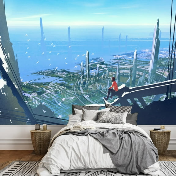 wall26 - Aerial View with The Man Sitting on Edge of Building Looking at Futuristic City,Illustration Painting - Removable Wall Mural | Self-Adhesive Large Wallpaper - 66x96 inches