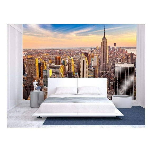 wall26 - Aerial View of New York City Manhattan at Sunset - Removable Wall Mural | Self-Adhesive Large Wallpaper - 66x96 inches