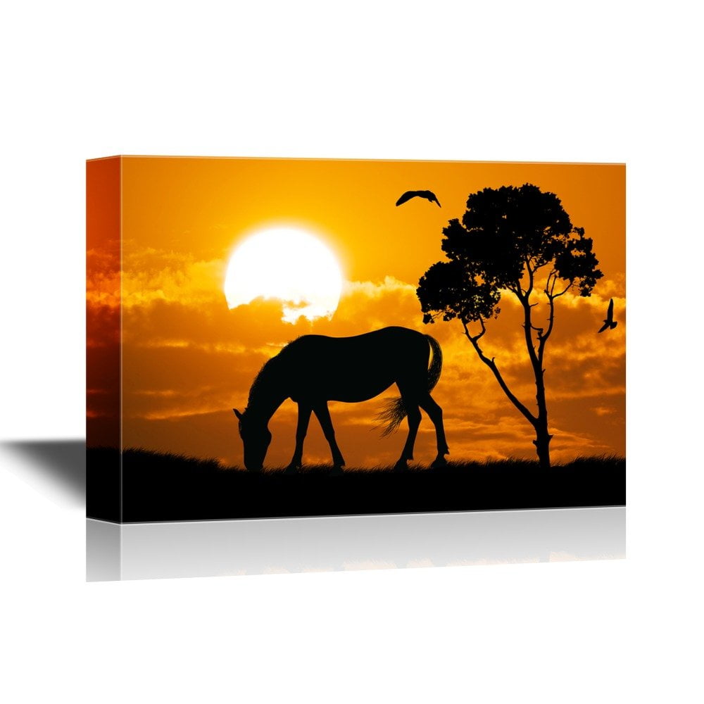 wall26 - African Savanna Sunset Canvas Wall Art - A Grazing Wild Horse ...