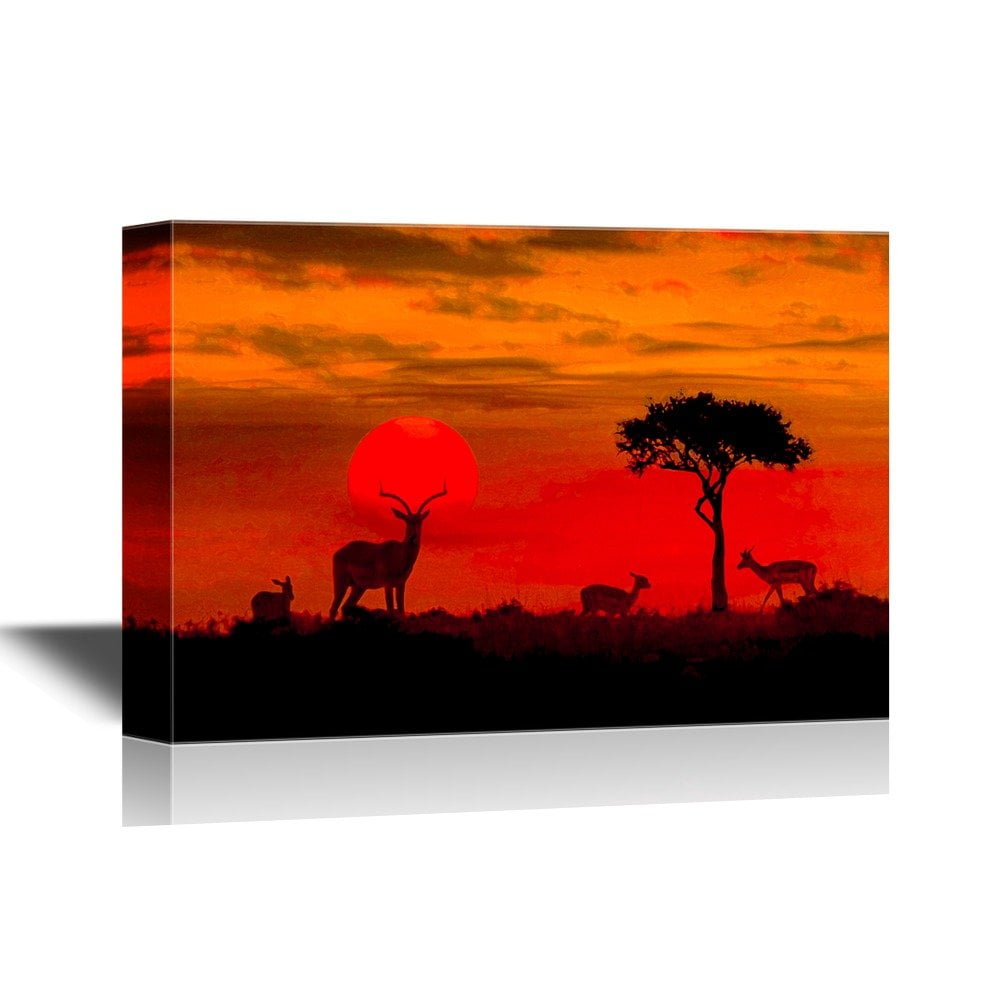 wall26 - African Savanna Sunset Canvas Wall Art - Deers on African ...