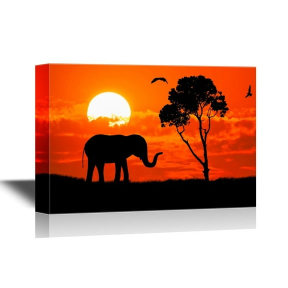 wall26 - African Savanna Sunset Canvas Wall Art - Elephant on African Savannah at Sunset - Gallery Wrap Modern Home Art | Ready to Hang - 32x48 inches