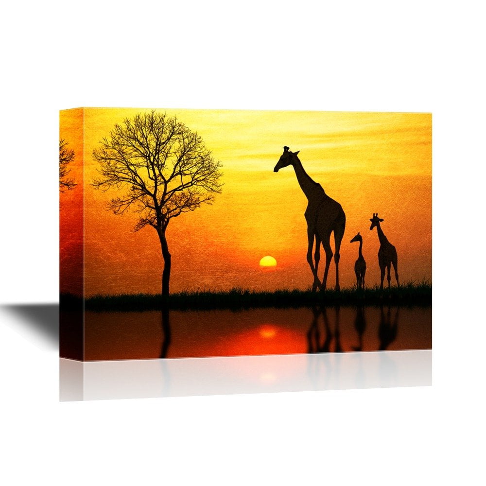 wall26 - African Savanna Sunset Canvas Wall Art - Giraffe Family on ...