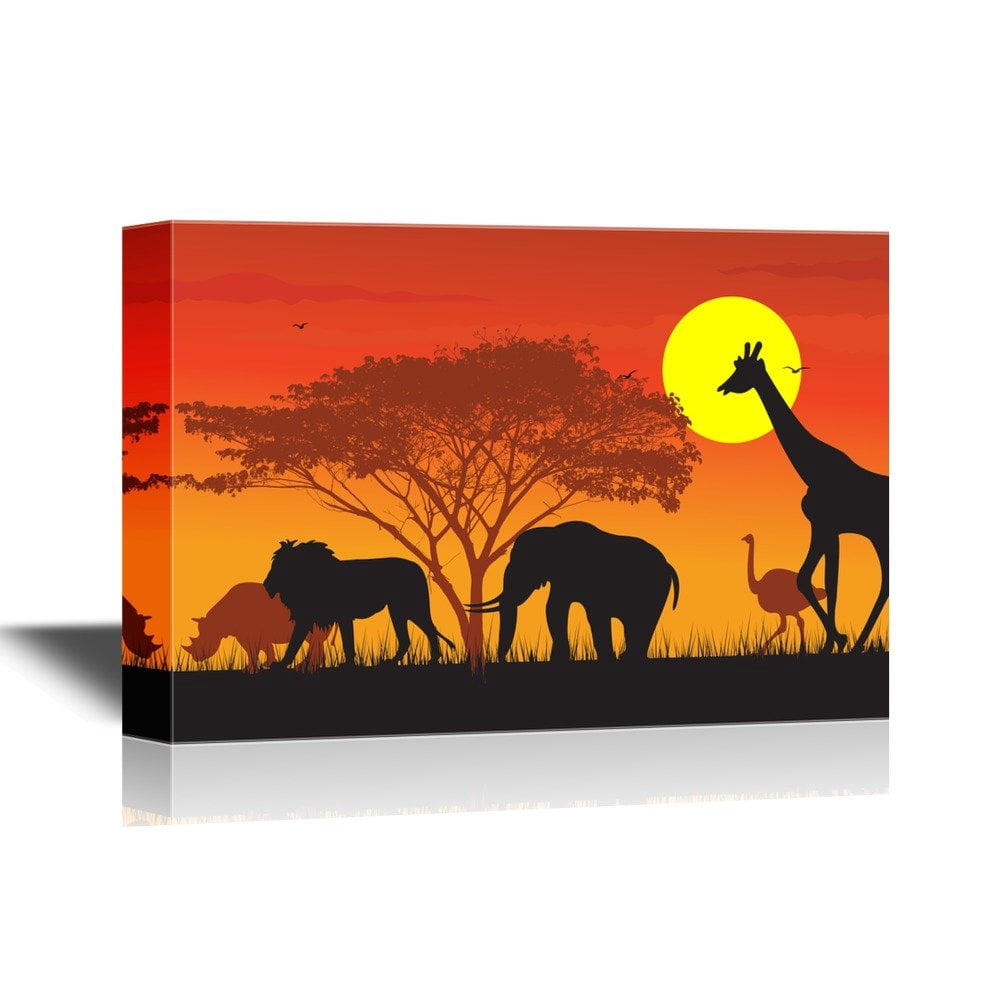 wall26 - African Savanna Sunset Canvas Wall Art - Wild Animals and ...