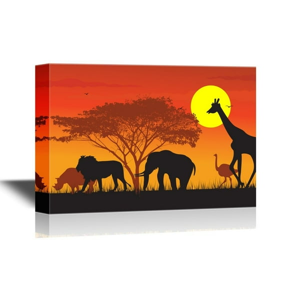 wall26 - African Savanna Sunset Canvas Wall Art - Wild Animals and Acacia Tree on African Savannah at Sunset - Gallery Wrap Modern Home Art | Ready to Hang - 16x24 inches