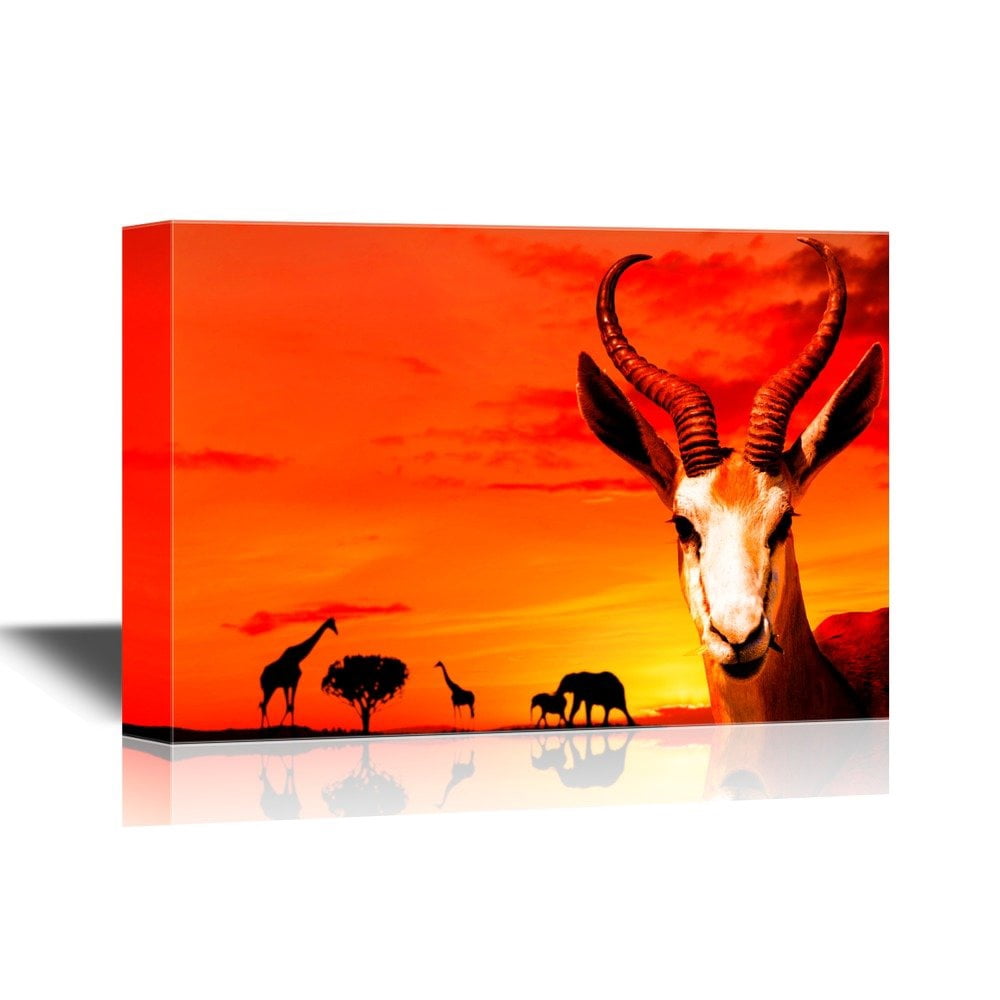 wall26 - African Savanna Sunset Canvas Wall Art - Wild Animals on ...