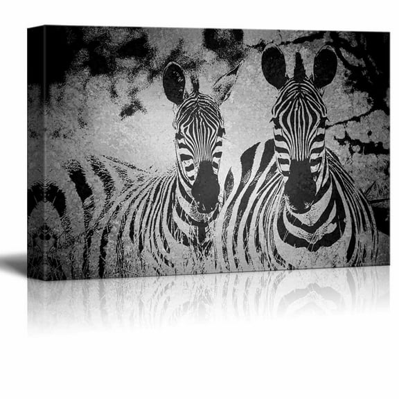 wall26 - Animal Theme Canvas Wall Art - Two Zebras on Grunge Background in Black and White - Giclee Print Gallery Wrap | Modern Home Art Stretched &amp; Ready to Hang - 24x36 inches