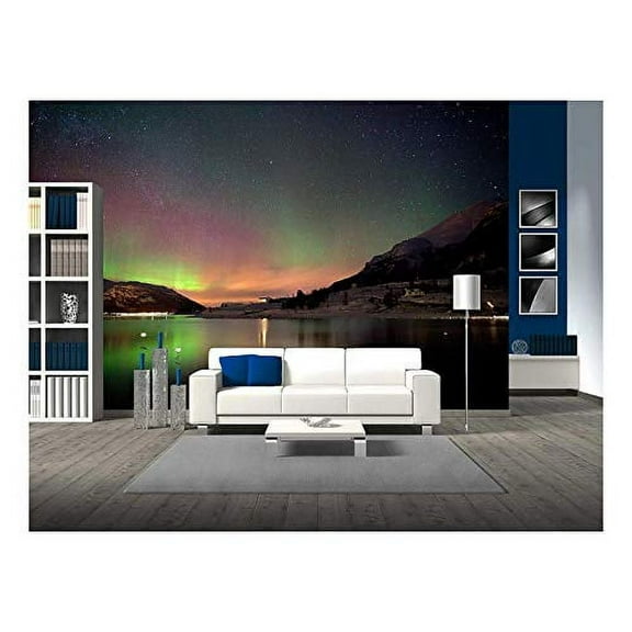 wall26 - Arctic Night Aurora Borealis Reflected on The Fjord - Removable Wall Mural | Self-Adhesive Large Wallpaper - 100x144 inches
