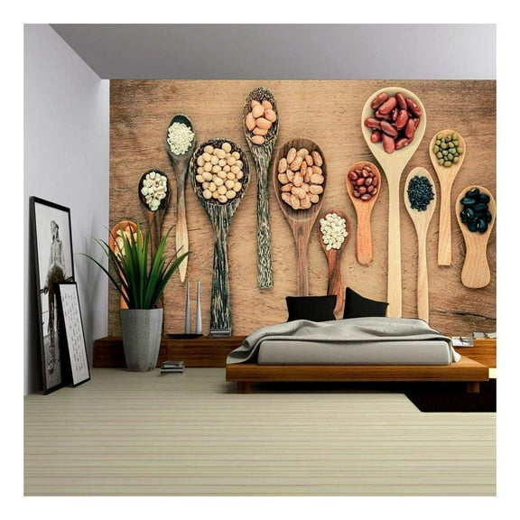 wall26 - Assortment of Beans and Lentils in Wooden Spoon on Teak Wood Background. - Removable Wall Mural | Self-Adhesive Large Wallpaper - 100x144 inches
