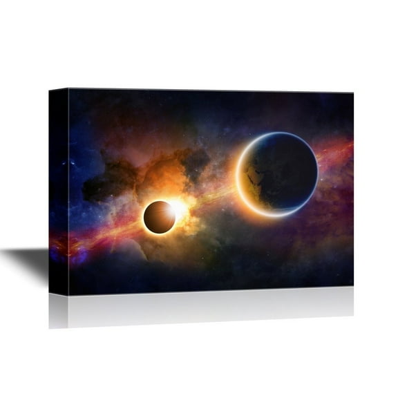 wall26 - Astronomy Canvas Wall Art - Glowing Planet Earth in Space, Solar Eclipse, Nebula and Stars - Gallery Wrap Modern Home Art | Ready to Hang - 12x18 inches