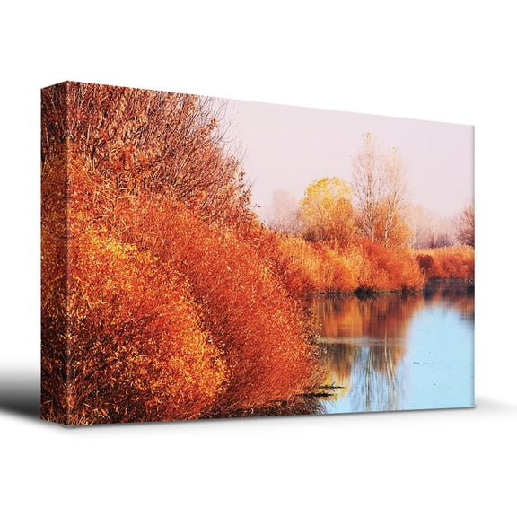 wall26 Autumn Lake Scene Orange Calm Peaceful - Canvas Art Home Art - 24x36 inches