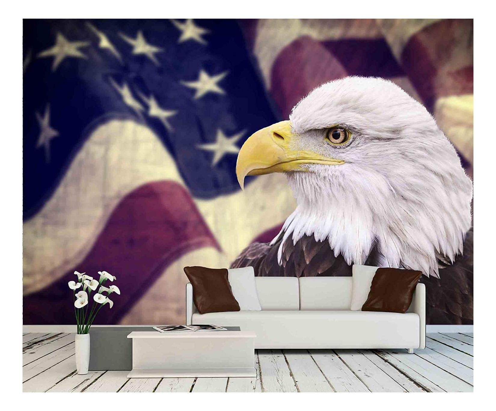 wall26 - Bald Eagle with The American Flag Out of Focus and Grunge Look -  Removable Wall Mural | Self-Adhesive Large Wallpaper - 66x96 inches -  Walmart.com, image size:1650x1368