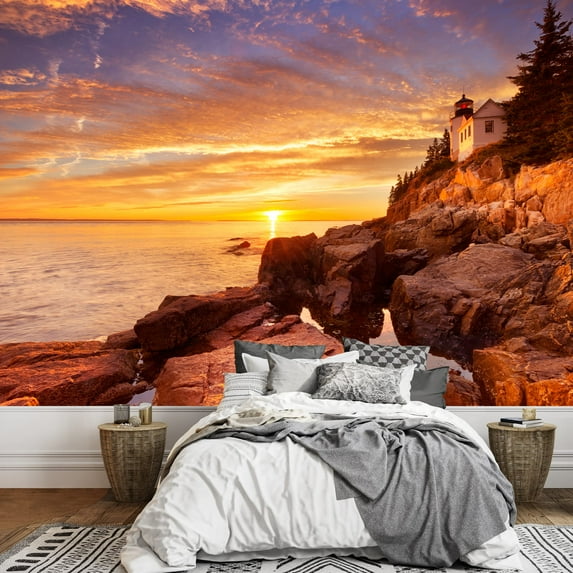 wall26 - The Bass Harbor Head Lighthouse in Acadia National Park, Maine, USA. Photographed During a Spectacular Sunset. - Removable Wall Mural | Self-Adhesive Large Wallpaper - 66x96 inches