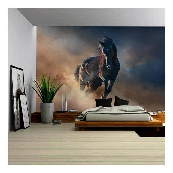 wall26 - Beautiful Black Stallion Run in Desert Dust Against Sunset Sky - Removable Wall Mural | Self-Adhesive Large Wallpaper - 100x144 inches