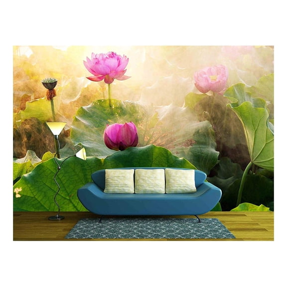 wall26 - Beautiful Lotus Flower in Blooming at Sunset - Removable Wall Mural | Self-Adhesive Large Wallpaper - 66x96 inches