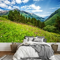 wall26 - Beautiful Meadow on Cheget Mount. Bright Pink Flowers on a Mountains Field - Removable Wall Mural | Self-Adhesive Large Wallpaper - 100x144 inches