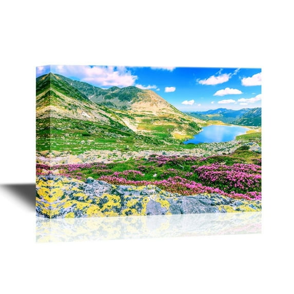 wall26 - Beautiful Nature Landscape/Scenery Canvas Wall Art - Glacier Lake,High Mountains and Stunning Pink Flowers - Gallery Wrap Modern Home Art | Ready to Hang - 12x18 inches