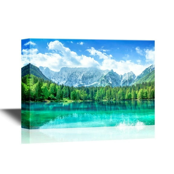 wall26 - Beautiful Nature Landscape/Scenery Canvas Wall Art - Turquoise Lake, Forest and Mountains - Gallery Wrap Modern Home Art | Ready to Hang - 12x18 inches