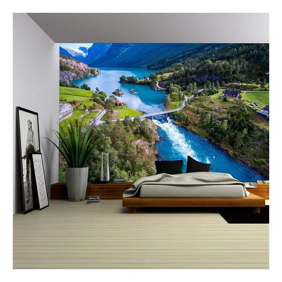 wall26 - Beautiful Nature Norway Natural Landscape Aerial Photography. Lovatnet Lake. - Removable Wall Mural | Self-Adhesive Large Wallpaper - 66x96 inches
