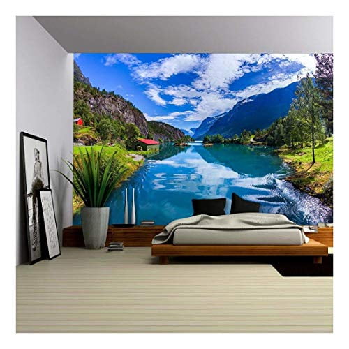 wall26 - Beautiful Nature Norway Natural Landscape. Lovatnet Lake. - Removable Wall Mural | Self-Adhesive Large Wallpaper - 66x96 inches
