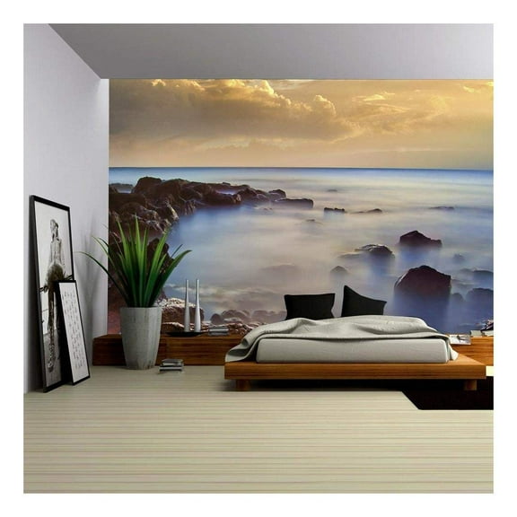 wall26 - Beautiful Ocean Seascape with a Golden Sky and Red and Blue Colorful Sea Rocks - Removable Wall Mural | Self-Adhesive Large Wallpaper - 100x144 inches