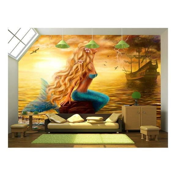 wall26 - Beautiful Princess Sea Mermaid with Ghost Ship at Sunset Background - Removable Wall Mural | Self-Adhesive Large Wallpaper - 100x144 inches