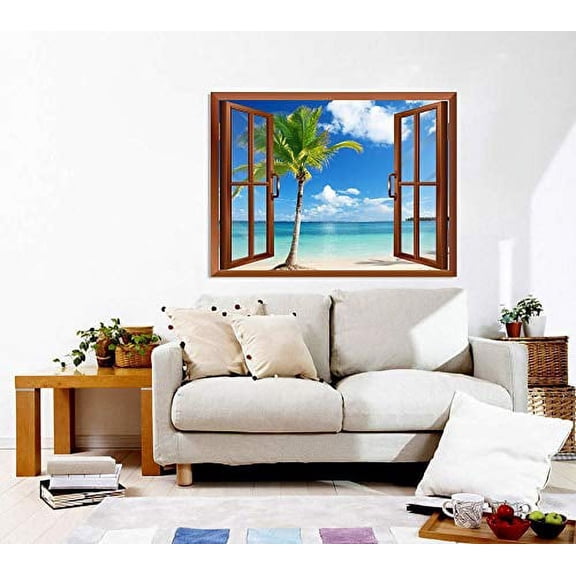 wall26 Beautiful Scenery Palm Tree and Clear Sea View from Inside a Window Removable Wall Sticker/Wall Mural - 24"x32"