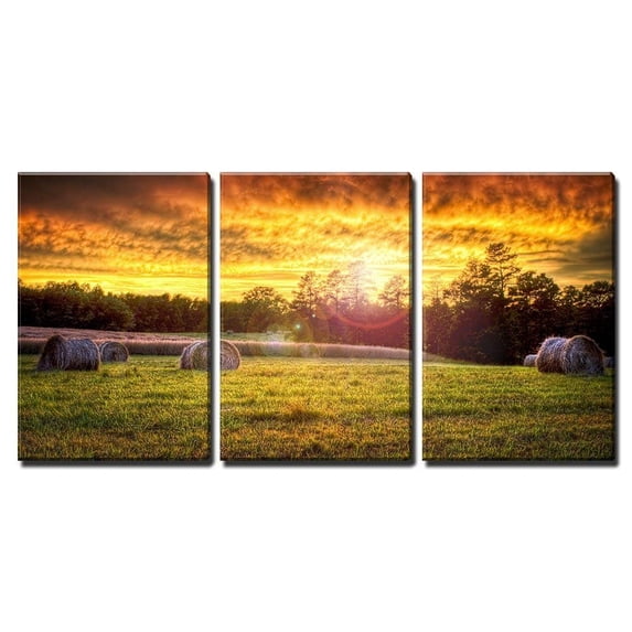 wall26 - Beautiful Sunset with Hay Rounds-Canvas Art Wall Decor-16 x24 x3 Panels