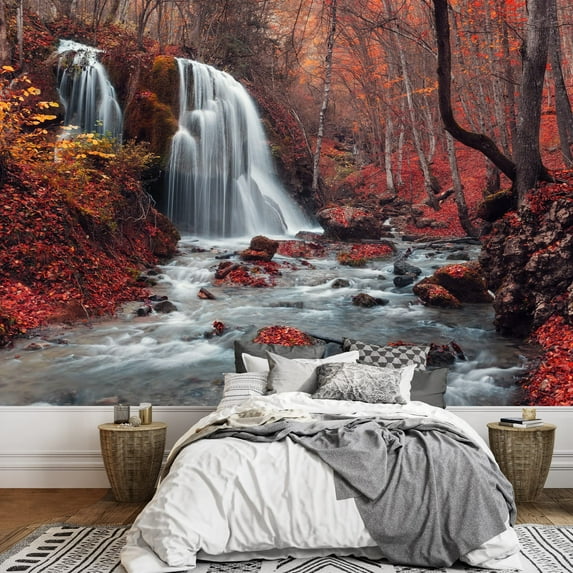wall26 - Beautiful Waterfall in Autumn Forest. Silver Stream Waterfall. Autumn Forest in Crimea - Removable Wall Mural | Self-Adhesive Large Wallpaper - 66x96 inches