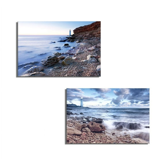 wall26 Beautiful sea Beach with Lighthouse and Clear Sky at The Sunset - Canvas Art Wall Art - 16"x24" x 2 Panels