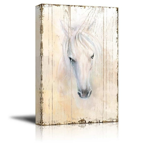 wall26 Beautifully Drawn White Horse on a Vintage Background - Canvas Art Home Art - 24x36 inches